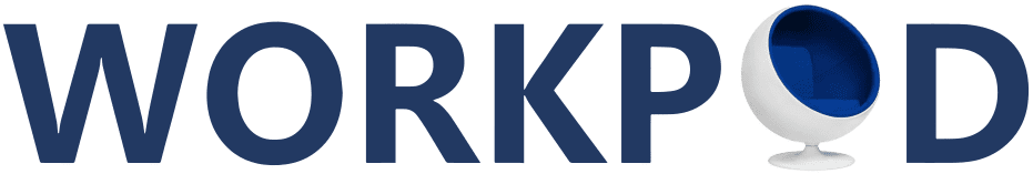 Logo of "WORKPOD" with a stylized blue and white pod chair as the 'O'.