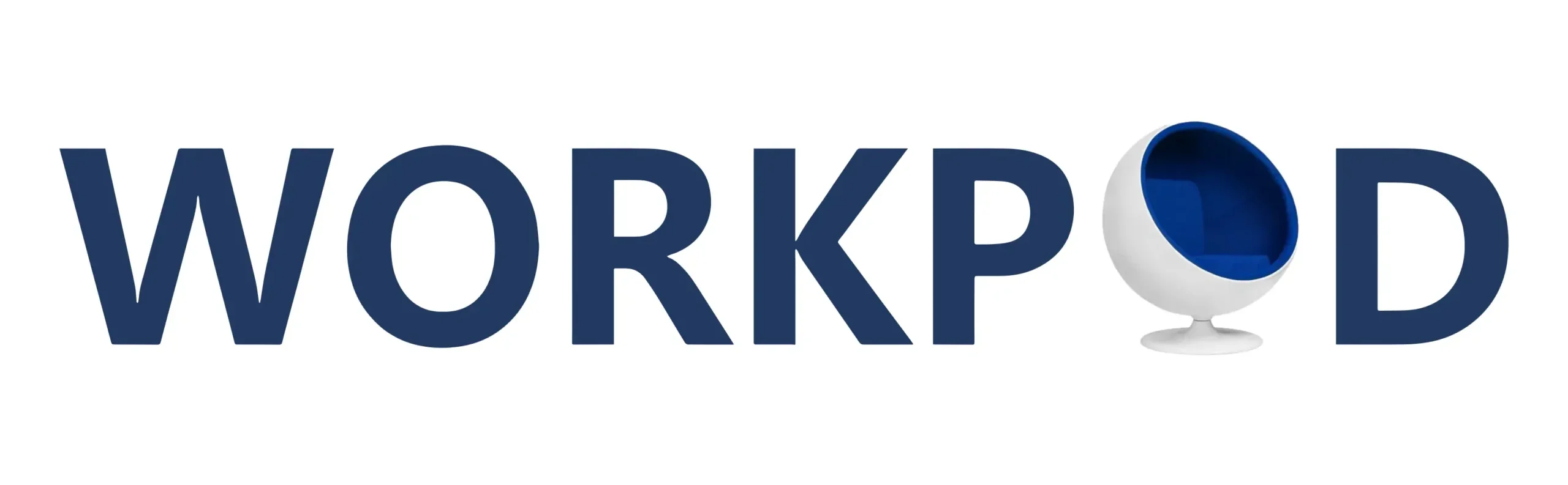 Logo of "WORKPOD" with a stylized blue and white pod chair as the 'O'.