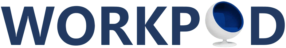 Logo of "WORKPOD" with a stylized blue and white pod chair as the 'O'.
